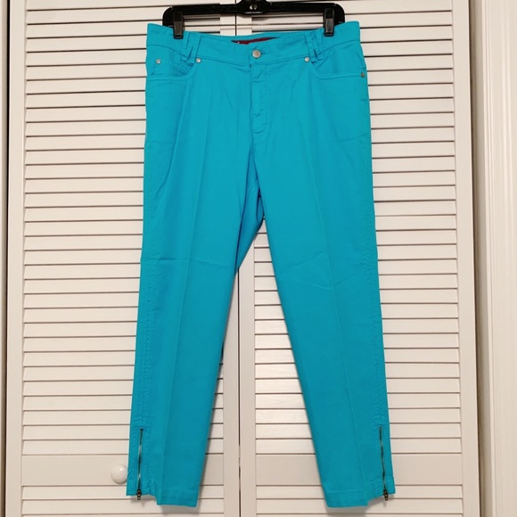 Barbara Lesser Pants - Barbara Lesser Fibers Turquoise Blue Pants w/ Zipper Bottoms